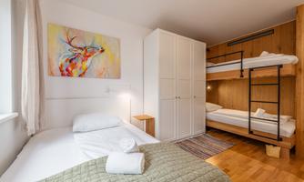 A cozy room with a single bed and a bunk bed. A colorful artwork of a deer hangs on the wall.