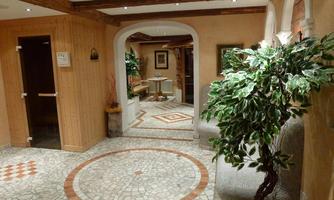 An inviting interior with a stone floor and a plant. The walls are in warm colors, and there are decorative elements.