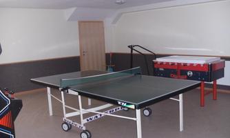 A table tennis table stands in a room with a pool table and a table for air hockey. The room is simply furnished and bright.