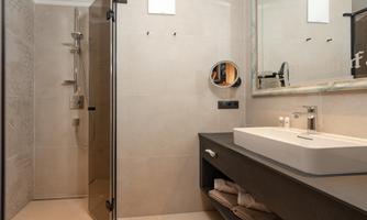 A modern bathroom with a glass shower and an elegant sink. The walls are neutrally colored and there is a large mirror.