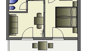A simply designed layout of an apartment. It shows a living area, a bedroom, and a bathroom.