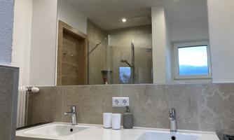 A modern bathroom view with two sinks and a large mirror. In the background, a shower and a window are visible.