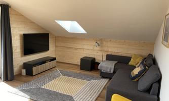 A modern living room with wooden paneling and a sloped ceiling. There is a gray sofa, a television, and a large carpet.