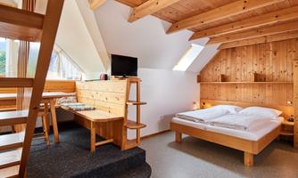 A cozy room with wooden walls and a double bed. There is a small table and a television, as well as large windows that provide plenty of light.