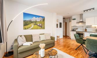 A modern apartment with a cozy sofa and a picture element of mountains on the wall. The bright kitchen is open and well equipped.