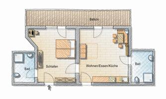 A floor plan of an apartment with one bedroom, a living-dining area, and two bathrooms. The balcony is also drawn in.
