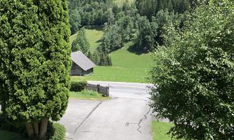 A beautiful landscape with green hills and trees. In the foreground, there is a quiet road and a small wooden house.