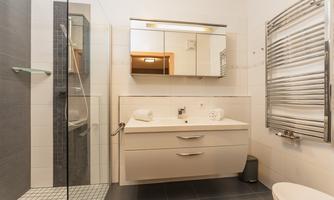 A modern bathroom with a shower and a sink. The walls are painted in light colors, and there is a large mirror above the sink.