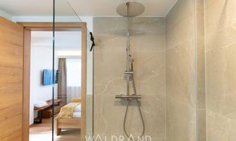 A modern shower cabin with elegant design and glass partition. In the background, a cozy bedroom with a television is visible.