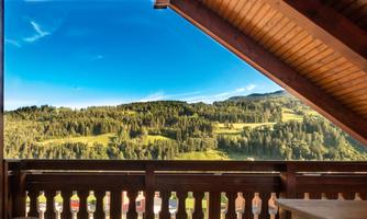 A view from the balcony of green hills and forests under a clear blue sky. The scene conveys a sense of tranquility and nature.