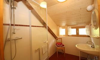 A modern bathroom with a shower cabin and a sink. Large windows provide plenty of daylight.
