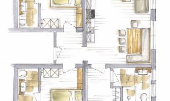 A drawn floor plan of an apartment with several rooms. The rooms are clearly structured and sketched with furniture.