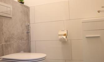 A modern bathroom with a white toilet and a sink. The floor is tiled in light gray, and a blue bath rug is on the floor.