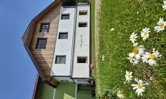 A charming house with a wooden facade and large windows in a green environment. In the foreground, wildflowers are blooming in the meadow.