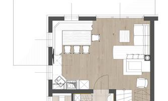 A sketched floor plan representation of a house with a living room, a kitchen, and a terrace. The rooms are functionally arranged and well-structured.