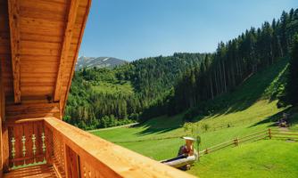 A beautiful view from a balcony of a green meadow and wooded hills. The sky is clear and sunny.