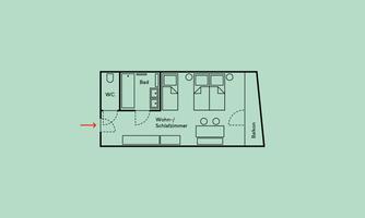 A simple floor plan drawing of an apartment. It shows the bedroom, living room, and bathroom in clear lines and simple shapes.