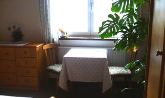 A cozy room with a table and two chairs, surrounded by a plant. Sunlight streams through the window, creating a pleasant atmosphere.