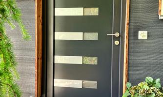 A modern entrance door in dark gray with decorative glass elements. In front of the door is a welcome mat and there is a large flower pot with plants.