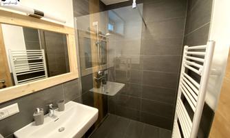 A modern bathroom with a shower and sink. The walls are lined with dark tiles, and a large mirror adds brightness.