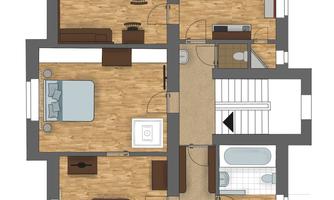 A floor plan of a house with two bedrooms, a living room, and a bathroom. The rooms are bright and modernly designed.