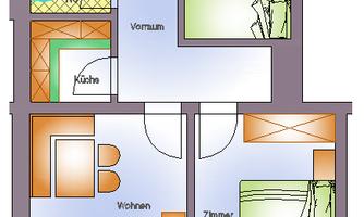 An apartment floor plan featuring two bedrooms, a living room, and a kitchen. The floor plan also includes a balcony and two bathrooms.