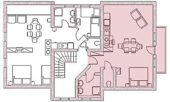 A floor plan of a house with several rooms. The arrangement includes a living room, dining room, and a kitchen.