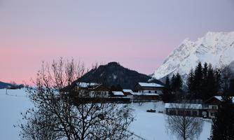 A snowy landscape with mountains in the background and a gentle pink sky. In the foreground, there are some houses and bare trees.