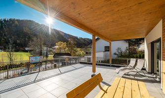 A modern terrace with a wooden roof and a view of a green meadow. Sun loungers and a wooden table create a cozy atmosphere.
