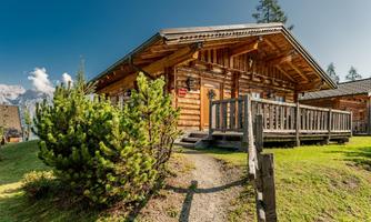 A cozy wooden house with a balcony, surrounded by green meadows and trees. In the background, the Alps and a clear blue sky can be seen.
