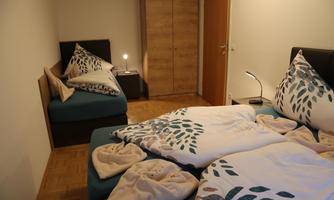A cozy bedroom with a double bed and an additional sofa bed. The bedding has a plant pattern, and there is a warm, inviting atmosphere.