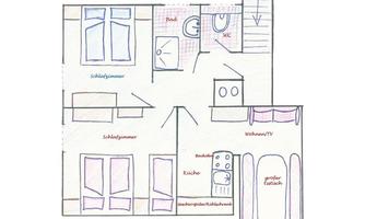 A simple floor plan of a living space with various rooms. It shows the living area, the kitchen, bedroom, a bathroom, and stairs.