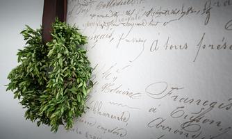 A green wreath hangs on a wall with handwritten texts. The writing looks vintage and adds a nostalgic charm to the scene.