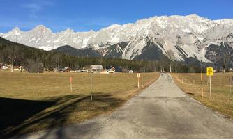A picturesque landscape with a road that leads through a wide meadow. In the background, impressive snow-covered mountains rise under a clear blue sky.