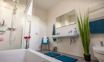 A modern bathroom with a bathtub and a glass shower. Colorful towels and a plant create a pleasant atmosphere.