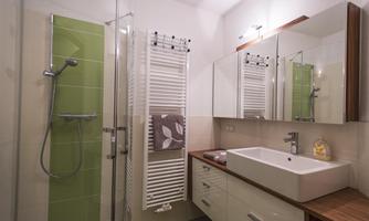 A modern bathroom with a clear shower enclosure and a large sink. The walls are in gentle shades of green, complemented by practical furniture.