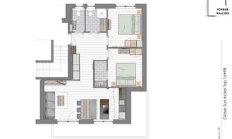 A floor plan of a modern apartment with two bedrooms and an open living area. The graphic representation shows the arrangement of the rooms and furniture.