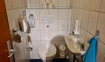 A small bathroom with a toilet, a sink, and some hygiene items. The walls are tiled, and there is a towel rack with a blue towel.