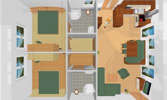 An overview of a living space that features two bedrooms, a bathroom, and an open living area with a kitchen. Bright colors and many windows create a friendly atmosphere.