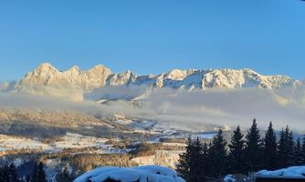 A wintry mountain landscape with snow-covered peaks and a clear blue sky. In the foreground, green fir trees stand.