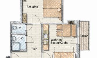 A modern apartment floor plan with one bedroom, a living room, a kitchen, and a balcony. The design is functional and features a clear room layout.