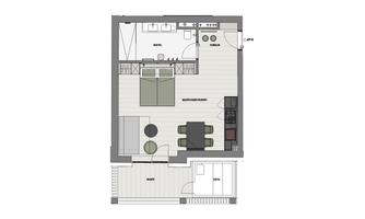 An apartment with an open living kitchen, dining area, and bedroom. The floor plan shows the layout of the rooms.