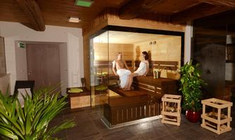 A modern sauna with glass walls, where two people are relaxing. Surrounded by plants and wooden cladding, the space exudes tranquility.