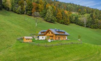 A cozy wooden house surrounded by green meadows and trees. In the background, gentle hills and a clear blue sky can be seen.