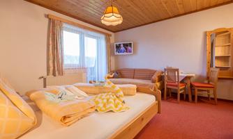 A cozy room with a double bed and a sofa bed. There is a television, a table and chairs, as well as large windows that provide plenty of daylight.
