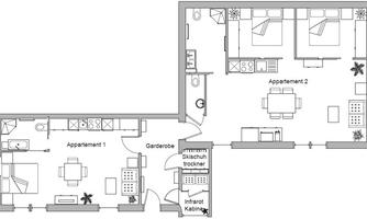 A simple floor plan sketch with two apartments. The two apartments are connected by a hallway that also includes a wardrobe and a shoe dryer.