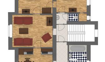A floor plan of a house with four rooms. The rooms are furnished with furniture such as beds, sofas, and tables.