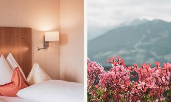 A cozy bedroom with pillows and warm lighting. On the other side, a blooming landscape with pink flowers and a mountain view.