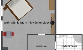 A floor plan representation of a small apartment. The room contains a bed, a kitchenette, and has access to a bathroom as well as an entrance hall.