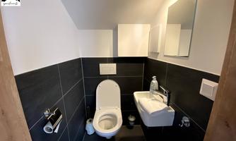 A modern bathroom with a toilet and a small sink. The walls are in dark tones, and there is a mirror as well as neutral lighting.